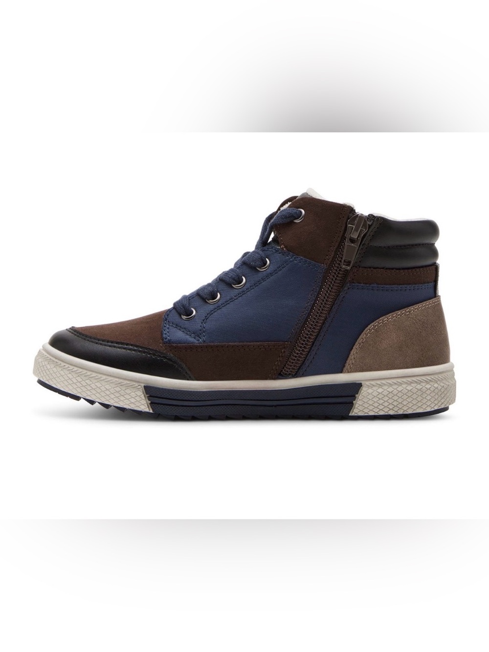Brand New In Box Steve Madden Eliass Boys High Top Sneakers Size 5 Navy Brown - Picture 3 of 9